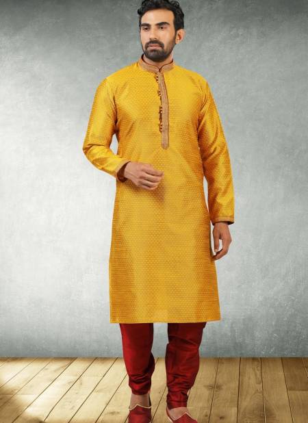 Yellow Colour New Fancy Design Jacquard Silk Brocade Festive Wear Latest Kurta Pajama Mens Collection 1219-1015